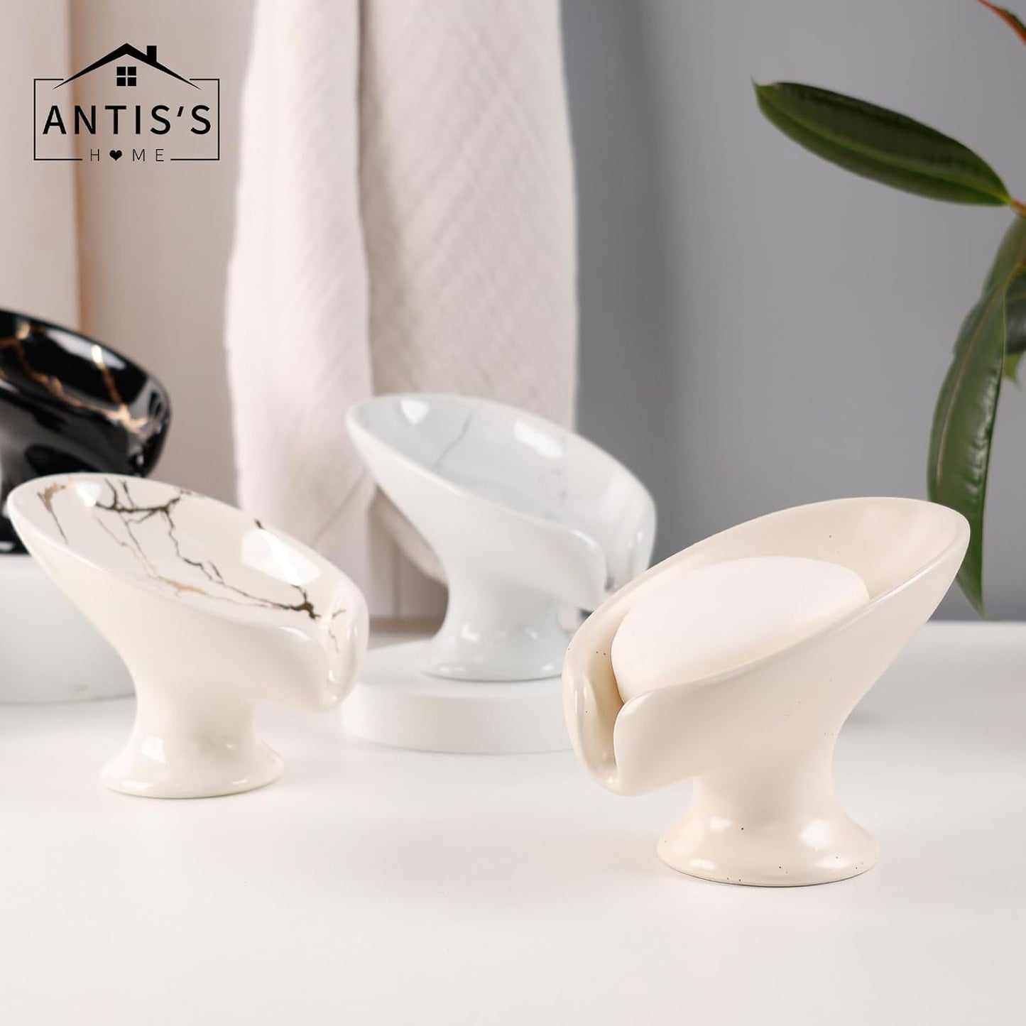 Small Soap Dish, Self Draining Bar Soap Holder for Bathroom Sink, Leaf Shaped Drainage Ceramic with Marble-Pattern Finish, Decorative Soap Dish, No Suction Cup, ANTIS'S HOME