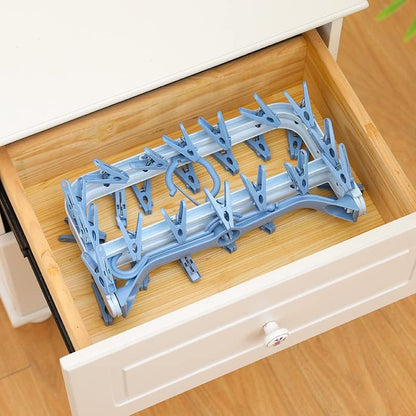 Foshine Clothes Drying Racks Foldable Clip Hangers Plastic with 32 Clips | Clip Hangers Wind-Proof Hook Underwear Hanger For Socks Bras Blue