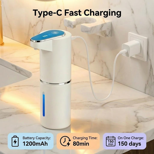 2 Pack Automatic Soap Dispenser, Touchless Electric Hand Sanitizer with 3 Gear Adjustable, Rechargeable 350ml with Infrared Motion Sensor IPX5 Waterproof for Kitchen, Bathroom, Office White Foam