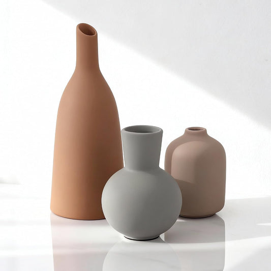Ceramic Vase Home Table Decor, Rustic Farmhouse Decor, Small Vases Set of 3 for Table Bookshelf Mantel Kitchen Living Room Office Vintage Aesthetic Decorative (Desert Color Palette)
