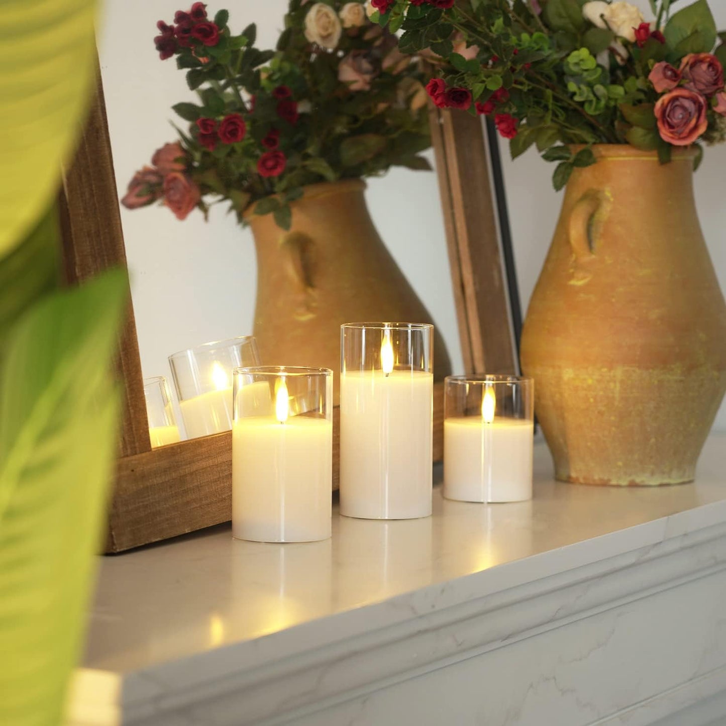 Homemory Green Glass Flameless Candles, Battery Operated LED Pillar Candles with Remote Control and Timer, Radiance Candles, Real Wax, Set of 3,D3 xH4 5" 6"