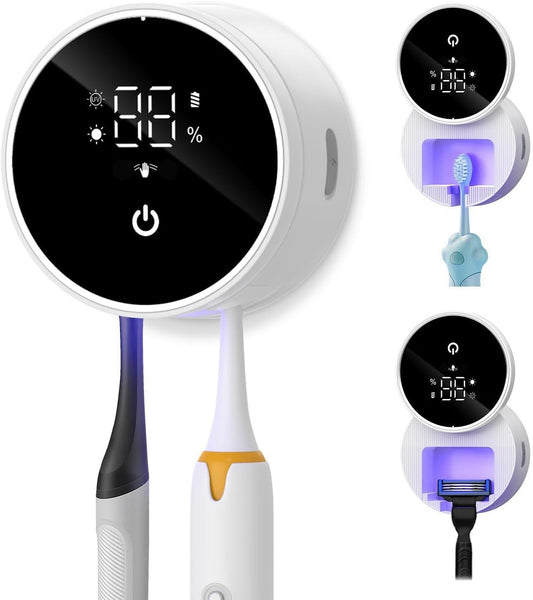 Upgraded UV Toothbrush Sanitizer Holder with Infrared Sensor & Heat Drying, Temracha Wall-Mounted Toothbrush Holder for the Bathroom, LED Smart Display, Fits Toothbrushes & Razor, Portable for Travel