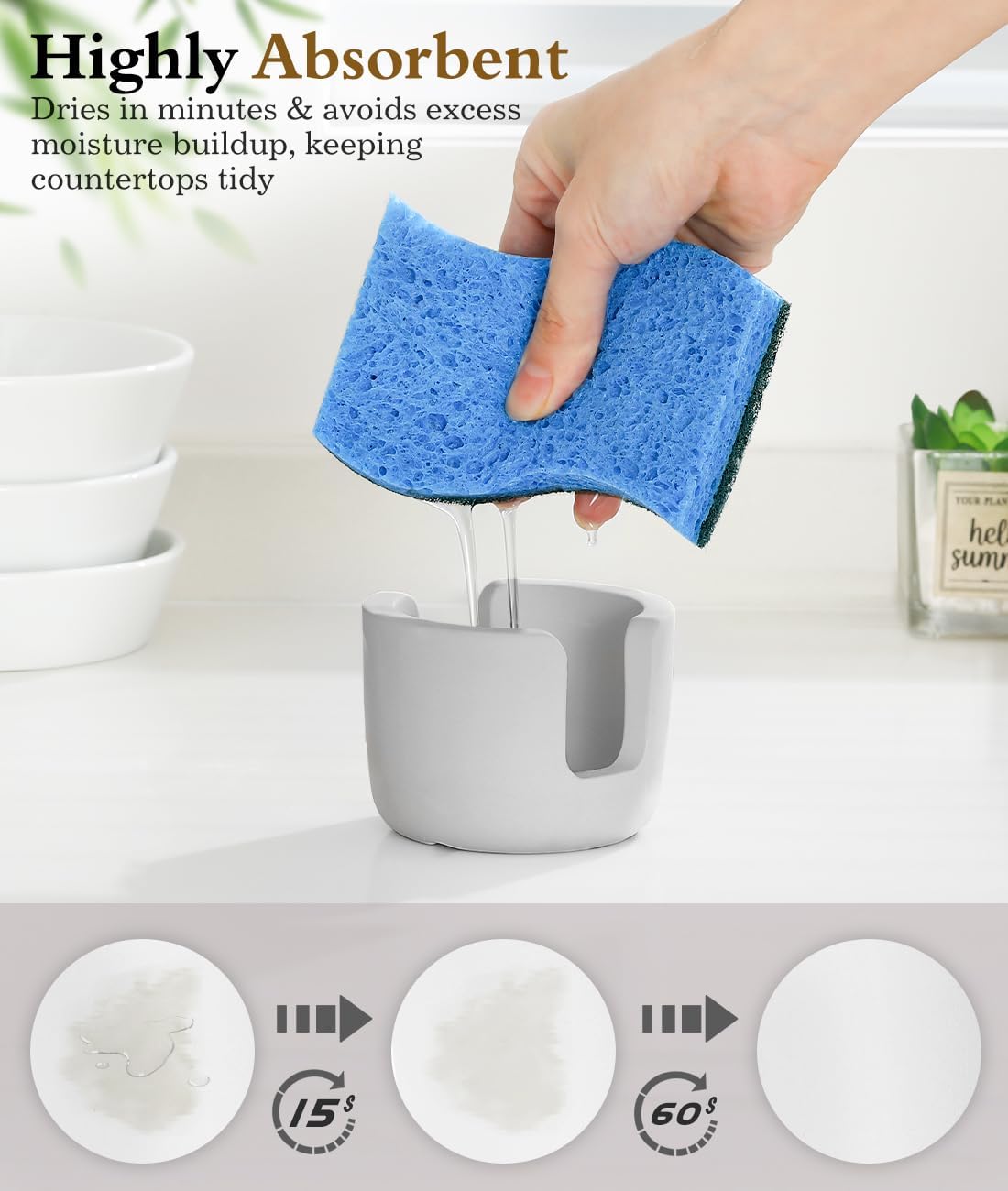 Luxspire Kitchen Sponge Holder, Dish Sponge Holder with with Drain Tray, Marble Sponge Holder for Kitchen Sink, Kitchen Sink Caddy 2 Compartments, Gravel White