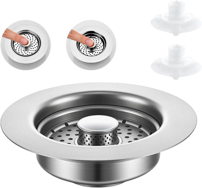 Sink Drain Strainer - Sink Stopper, 3-in-1 Kitchen Stainless Steel Drain Plug with Anti-Clog Basket, Pop-Up Cover