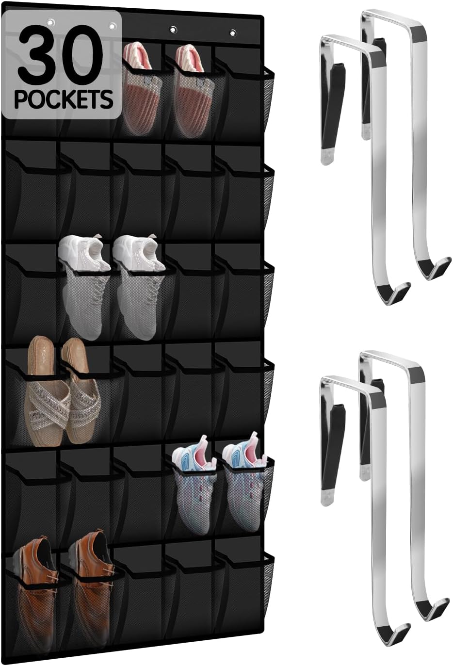 Kotkn Over the Door Shoe Organizer with 30 Breathable Mesh Pockets - Large Capacity Closet Storage for Men & Women, Hanging Shoe Rack Organizer (Gray)