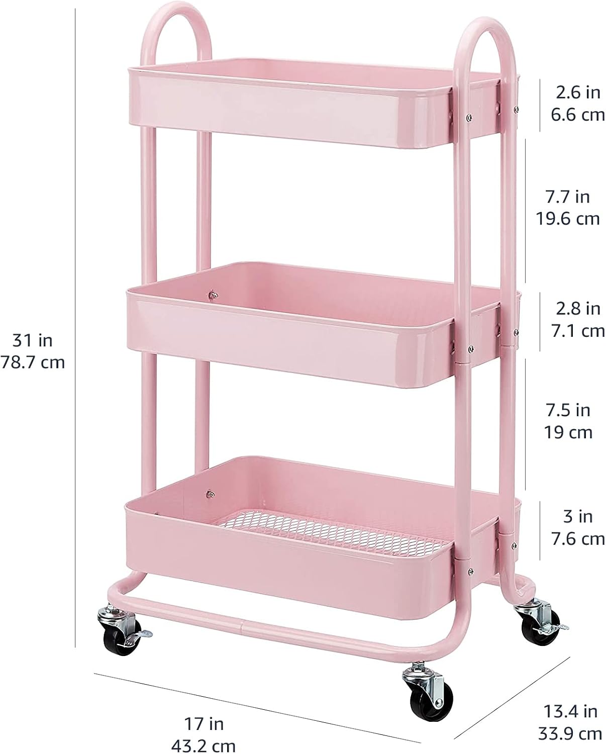 Amazon Basics 3-Tier Rolling Utility Cart, Storage Organizer, Lockable Wheels, Multifunctional Storage, Portable Mobile Shelving Unit, White