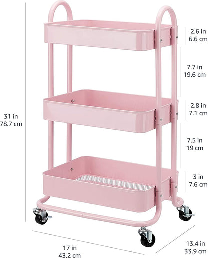 Amazon Basics 3-Tier Rolling Utility Cart, Storage Organizer, Lockable Wheels, Multifunctional Storage, Portable Mobile Shelving Unit, White