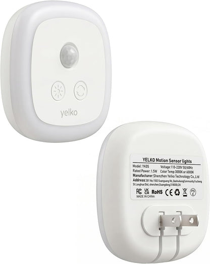 YELKO Motion Sensor Night Light, 5-Level Dimmable with Dusk to Dawn Sensor, Plug in Warm White Anti-Glare LED, Cozy Soft Glow, Adjustable Delay Time for Bathroom, Hallway, Kitchen, Stairs, 2 Pack