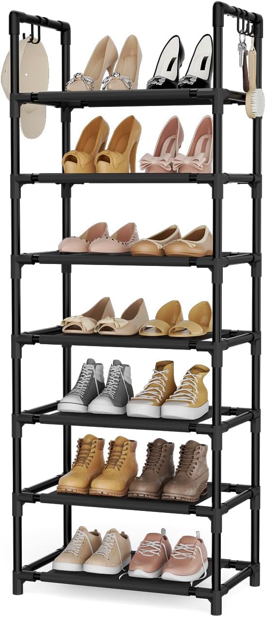 LANTEFUL 10 Tiers Tall Shoe Rack 20-25 Pairs Boots Organizer Storage Sturdy Narrow Shoe Shelf for Entryway, Closets with Hooks, Black