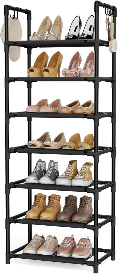 LANTEFUL 10 Tiers Tall Shoe Rack 20-25 Pairs Boots Organizer Storage Sturdy Narrow Shoe Shelf for Entryway, Closets with Hooks, Black