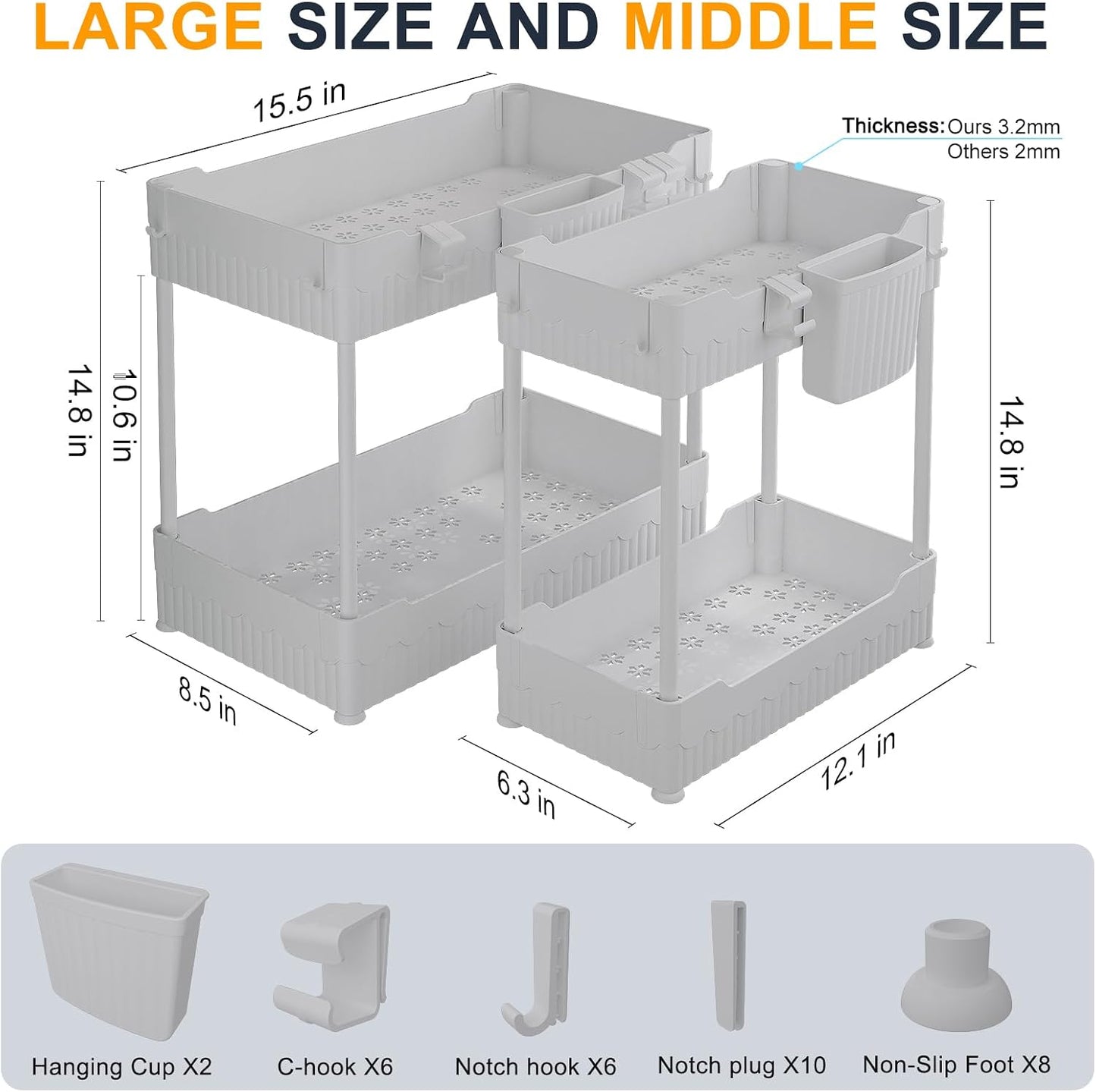 Sevenblue 2 Pack Under Sink Organizer, Under Bathroom Cabinet Organizer with Hooks Hanging Cup, Multi-Purpose Storage Shelf for Kitchen Bathroom, Black