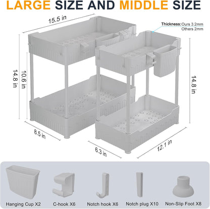 Sevenblue 2 Pack Under Sink Organizer, Under Bathroom Cabinet Organizer with Hooks Hanging Cup, Multi-Purpose Storage Shelf for Kitchen Bathroom, Black