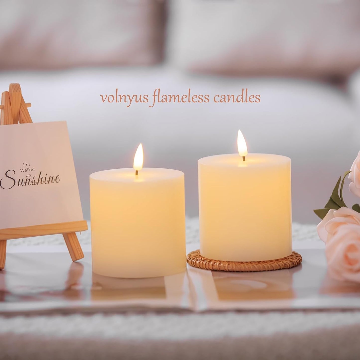 volnyus Flameless Candles Set of 3 (3x3 inch) Flickering LED Real Wax Candles Battery Operated with Remote Control Timers for Fireplace Bedroom Livingroom Party Dimmable Ivory Pillars Flat top