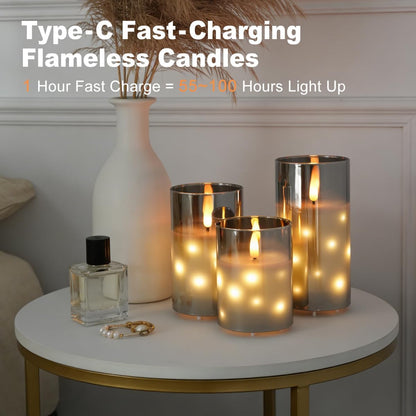 LEDHOLYT Rechargeable Flameless Glass Pillar Candles–Gifts for Women,–Set of 3, Realistic Flickering LED Light,Remote & Timer, Ideal for Living Room, Bedroom & Festival Wedding Home Party Decor