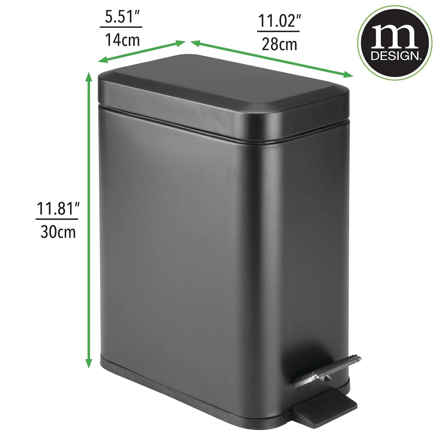 mDesign Metal Freestanding Slim Toilet Bowl Brush and Holder + Rectangle Narrow 5 Liter / 1.3 Gallon Step Pedal Trash Can Wastebasket for Bathroom - Small, Compact Design - Set of 2 - Brushed/Chrome