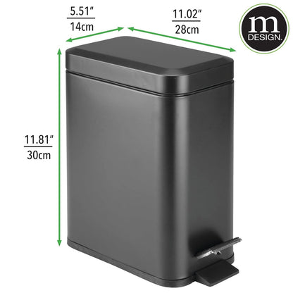 mDesign Metal Freestanding Slim Toilet Bowl Brush and Holder + Rectangle Narrow 5 Liter / 1.3 Gallon Step Pedal Trash Can Wastebasket for Bathroom - Small, Compact Design - Set of 2 - Brushed/Chrome
