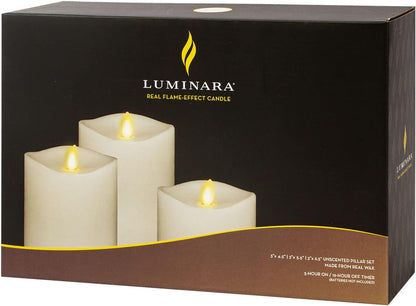 Luminara Realistic Flameless LED Set of 3 Ivory Pillar Candles, Home Safe Moving Flame Melted Top Illumination, Battery Operated Remote Control w/Timer