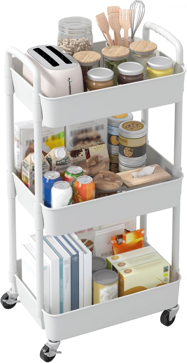 Sywhitta 4-Tier Plastic Rolling Utility Cart with Handle, Multi-Functional Storage Trolley for Office, Living Room, Kitchen, Movable Storage Organizer with Wheels, Black