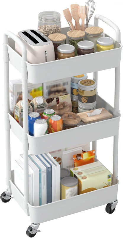 Sywhitta 4-Tier Plastic Rolling Utility Cart with Handle, Multi-Functional Storage Trolley for Office, Living Room, Kitchen, Movable Storage Organizer with Wheels, Black