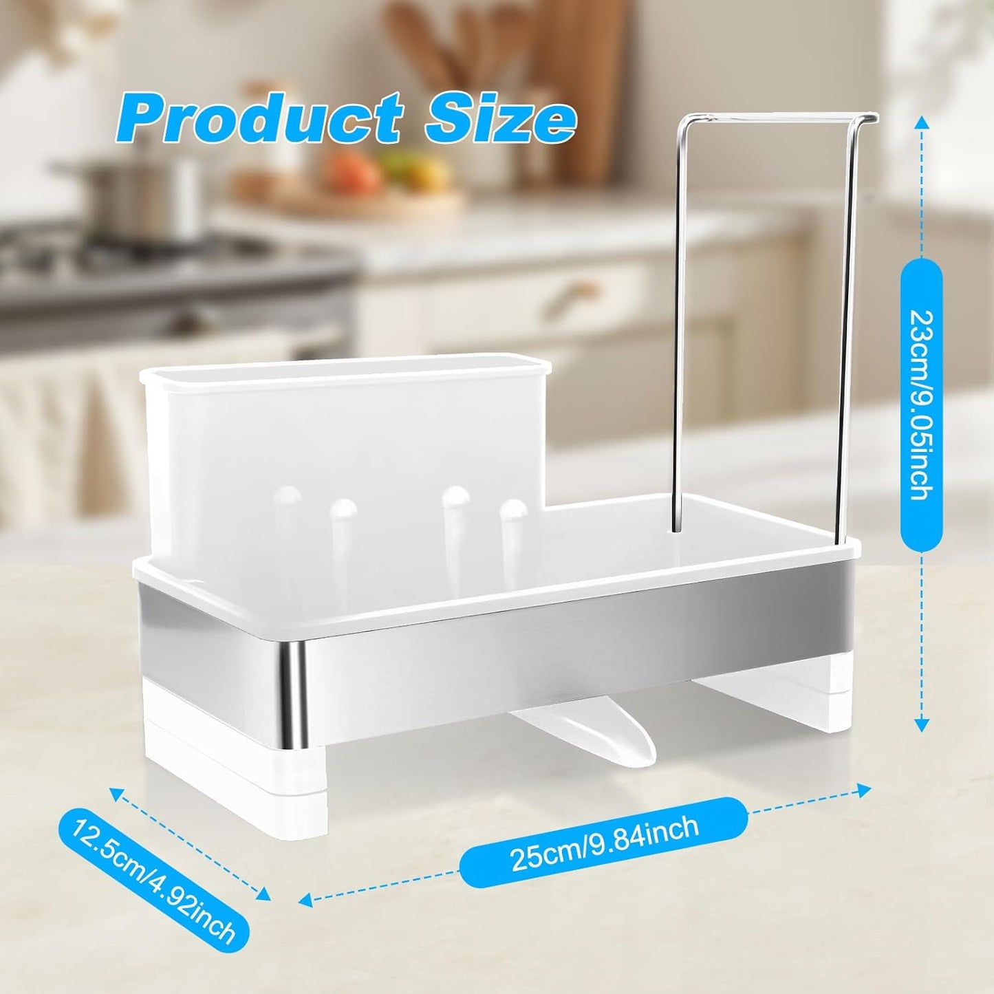 Kitchen Sink Caddy,Sponge Holder for Kitchen Sink with Dish Brush Holder, Auto Drain Tray, Sponge Drain Rack,Stainless Steel Sink Organizer Countertop，Sponge Soap(Grey)