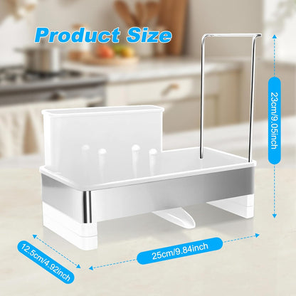 Kitchen Sink Caddy,Sponge Holder for Kitchen Sink with Dish Brush Holder, Auto Drain Tray, Sponge Drain Rack,Stainless Steel Sink Organizer Countertop，Sponge Soap(Grey)