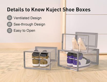 Kuject X-Large Shoe Storage Boxes Organizers for Closet 12 Pack, Fit Size 11,Clear Plastic Stackable Sneaker Containers for Entryway, Space Saving Shoe Rack, Brown