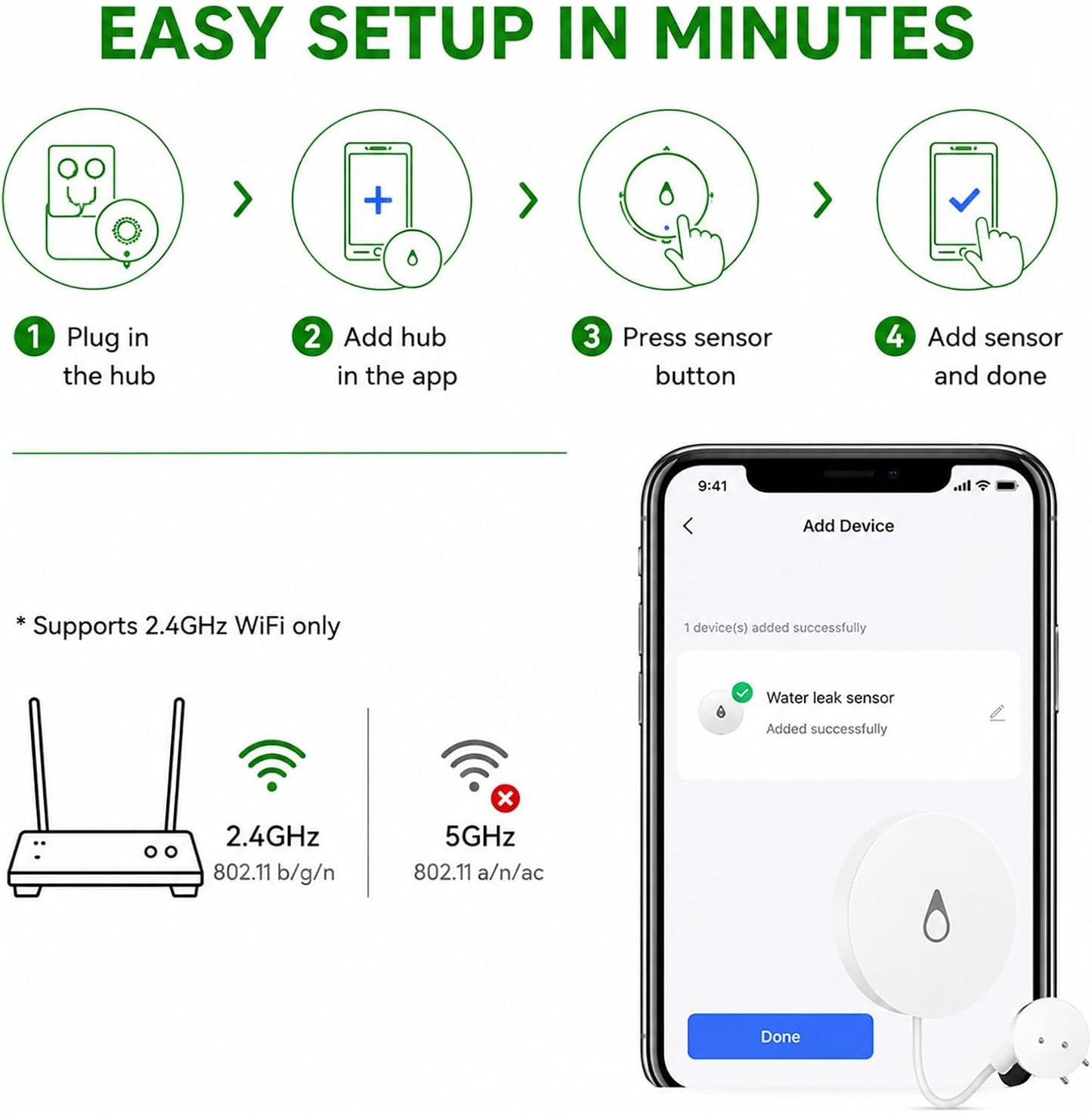 WiFi Water Leak Detector with Flexible Probes for Home, Hub & 3 Water Sensors, App Alerts, Loud Hub Alarm, 330FT Range, Alarm for Basement, Water Heater, Washing Machine & Under Sink