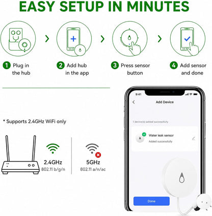 WiFi Water Leak Detector with Flexible Probes for Home, Hub & 3 Water Sensors, App Alerts, Loud Hub Alarm, 330FT Range, Alarm for Basement, Water Heater, Washing Machine & Under Sink