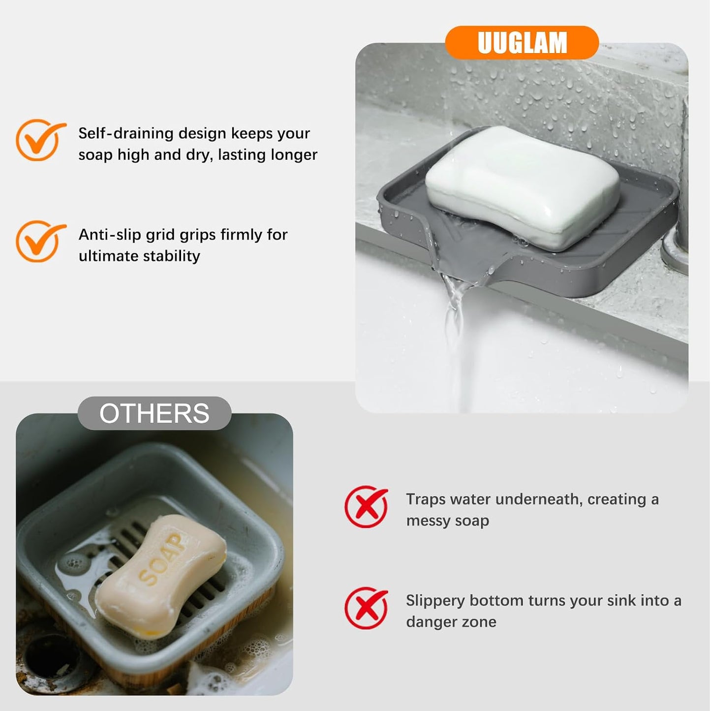 2 Pack Silicone Soap Dish, Self Draining Soap Dish, Non Slip Bar Soap and Sponge Holder for Bathroom Kitchen Sink Counter Organizer Easy to Clean Soap Tray Waterfall Soap Saver