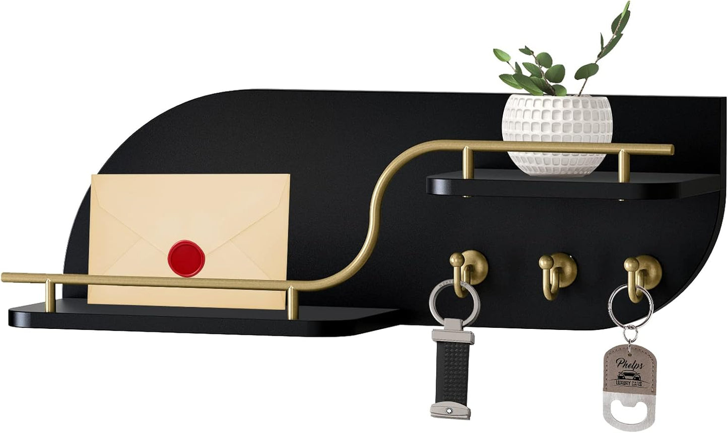 Key Holder for Wall, Decorative Key and Mail Organizer with 6 Sturdy Metal Hooks and Floating Shelf, 14 Inches Wood Wall Mounted Key Rack for Entryway, White and Gold