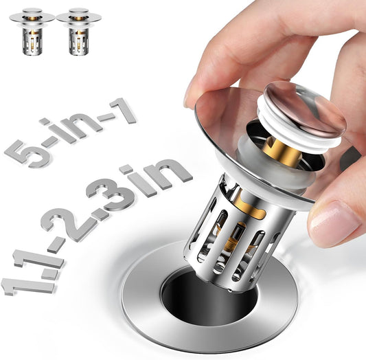 5-in-1 Bathroom Sink Stopper, 2 Pc Pop-Up Sink Drain Strainer with Removable Bascket, Anti-Clog Strainer, Odor Blocking & One-Way Flow Design, Brass & Stainless Steel All Metal Made, Fit 1.1"–2.36"