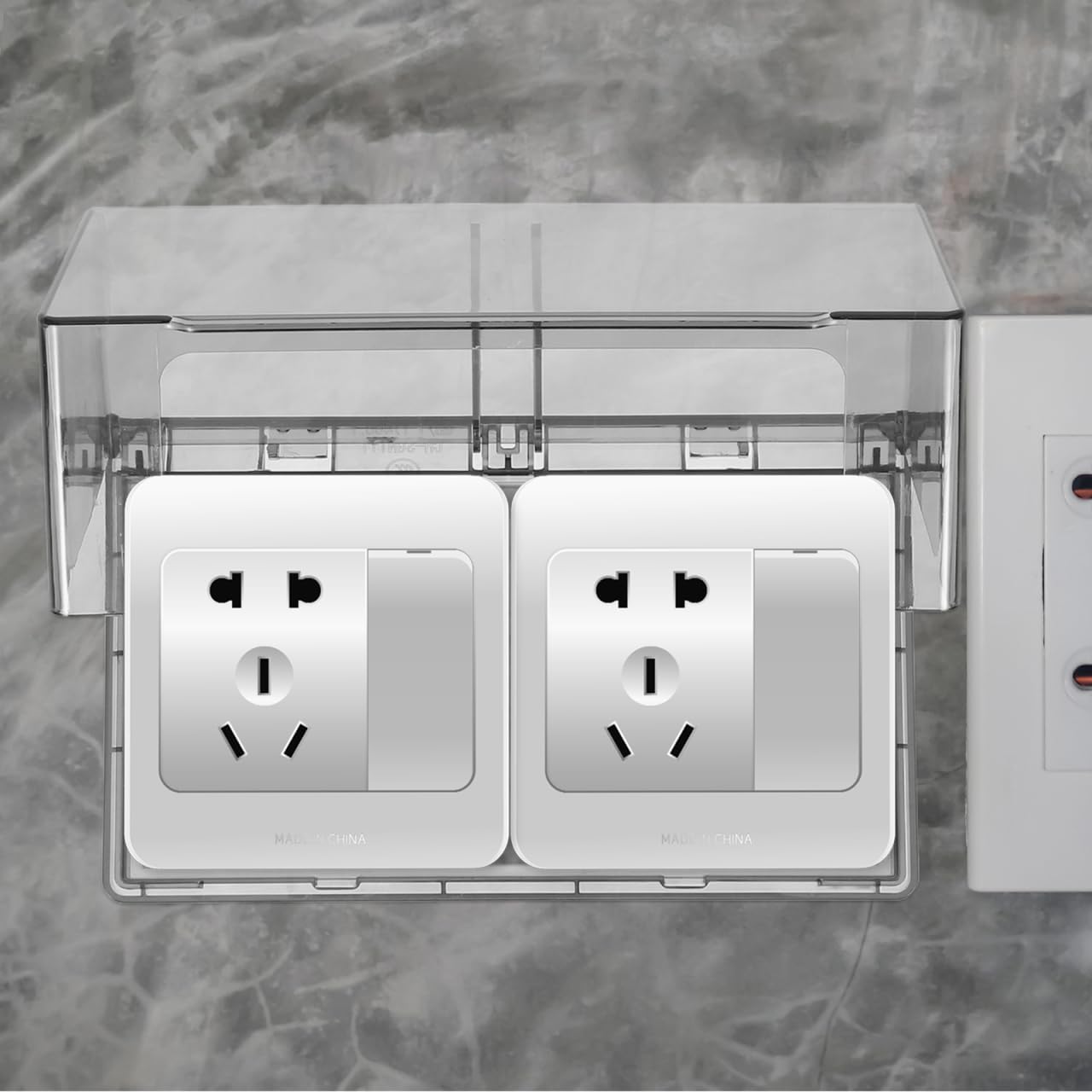 Garneck Waterproof Outdoor Outlet Cover: Weatherproof Double-Gang Electrical Receptacle Protector Box with flip-top design Adhesive wall mount Plug Socket Cover for Home, Kitchen, Bathroom, Patio