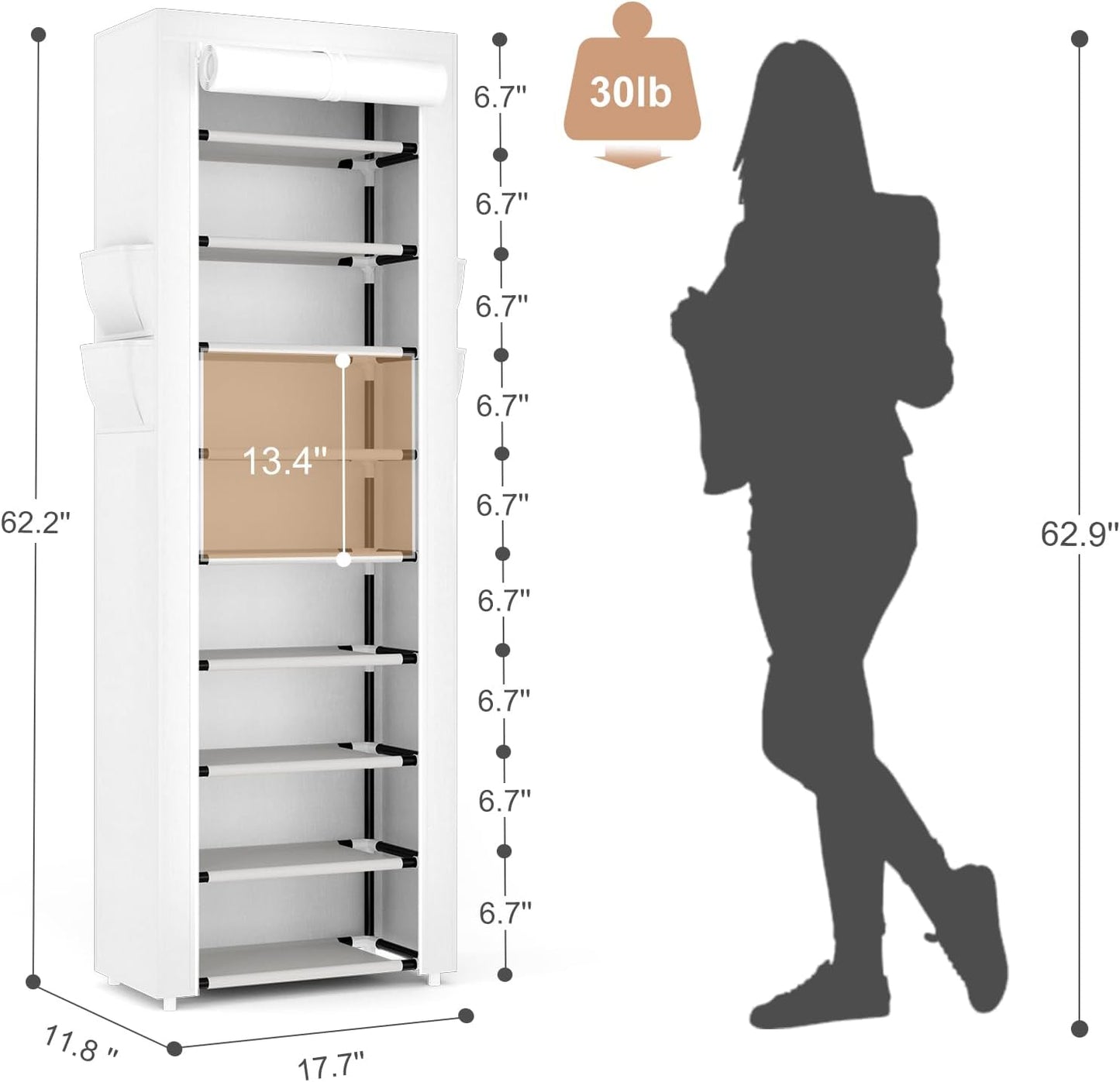 VILICK Shoe Rack with Cover Narrow Shoe Organizer with 4 Side Pockets 10 Tier Tall Shoe Storage Holds 18-22 Pairs Shoes and Boots Shoe Rack for Closet Entryway Garage