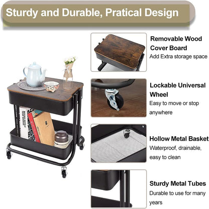 2-Tier Utility Rolling Cart Storage Sofa Side Table with Wheels, Mobile Trolley Organizer with for Office Home Kitchen Organization, Cream White