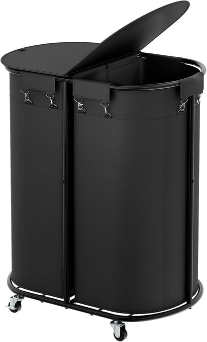 200L Double Laundry Hamper with Lid and Wheels, Large Oval Rolling Laundry Basket 2 section, Sturdy Metal Laundry Cart with 2 Removable Bags, Dirty Clothes Organizer for Home, Dorm, Black