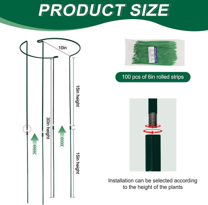 Tall Heavy-Duty 30in Plant Support Stakes - 8 Pack Adjustable Peony Cages & Supports for Outdoor Plants, Half-Round Garden Stakes for Hydrangea, Roses with Extension Stakes