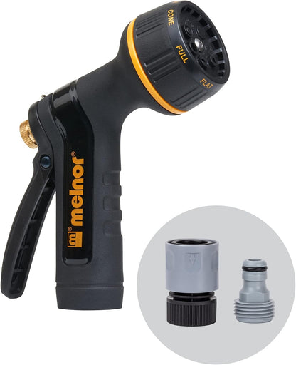 Melnor 65020-AMZ Metal Multi-Pattern Hose Nozzle with Rear Trigger Grip, 7 Spray Patterns, Heavy-Duty Metal Construction, Quick Connect Adapter, Black, Orange