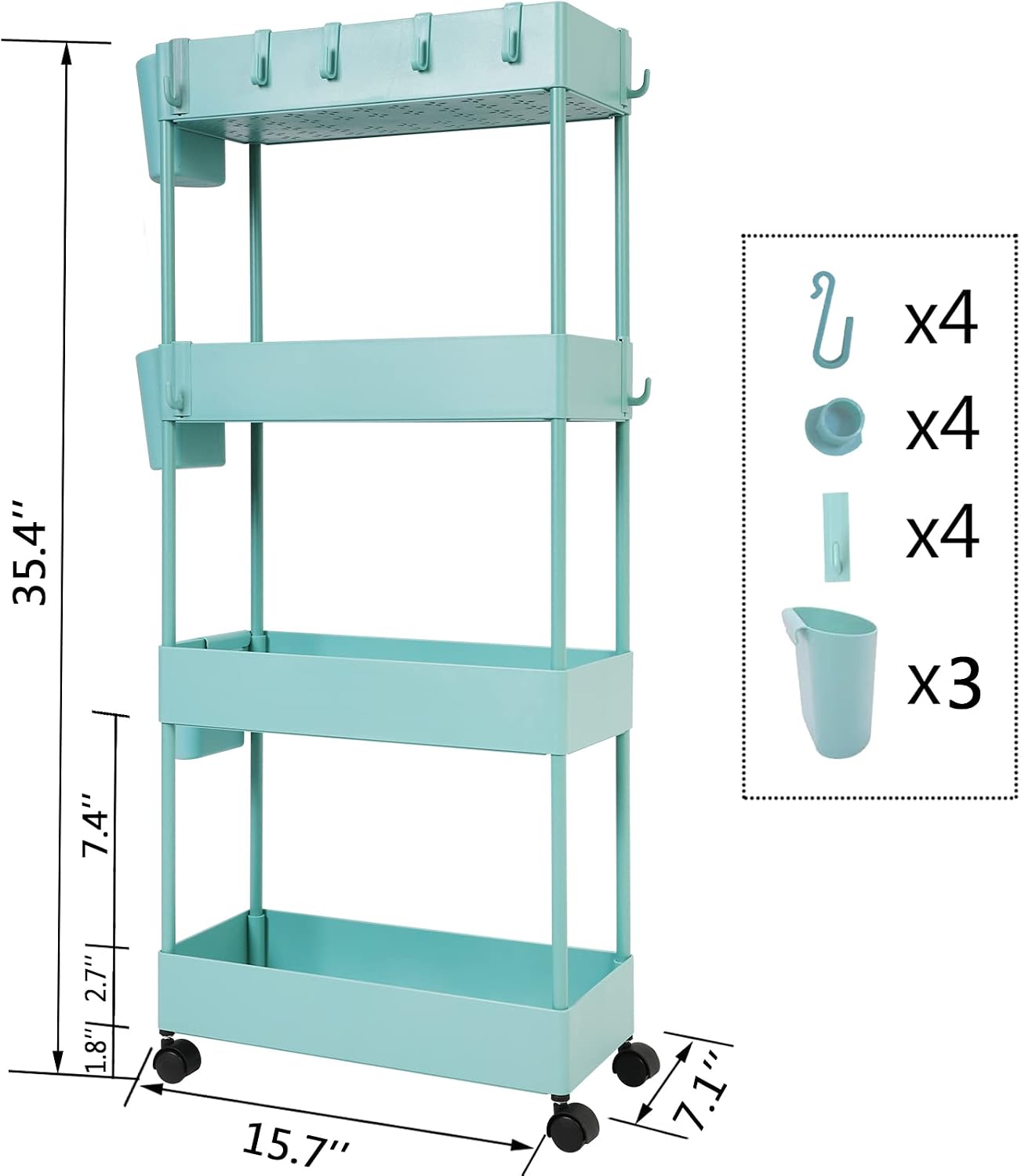 4 Tier Slim Rolling Utility Kitchen Cart Bathroom Organizer for Narrow Places Multipurpose Storage Shelve Mobile Trolley for Bedroom Laundry Office Restaurant Garage Pantry (Black)