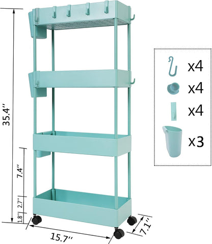 4 Tier Slim Rolling Utility Kitchen Cart Bathroom Organizer for Narrow Places Multipurpose Storage Shelve Mobile Trolley for Bedroom Laundry Office Restaurant Garage Pantry (Black)