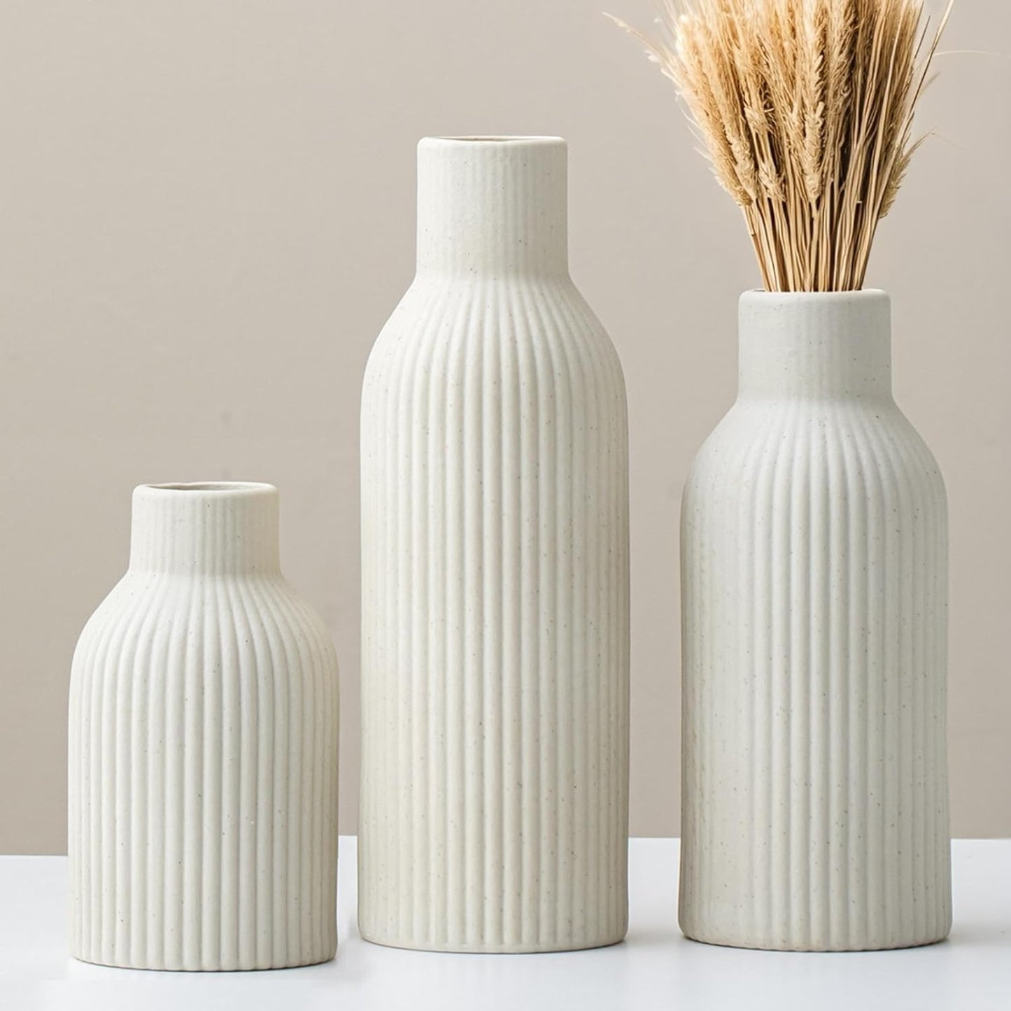 Modern Ceramic Vases Set of 3, Coffee Table Ribbed Decorative Vases, Shelf Table Centerpiece for Home Decor (Coffee Mix)