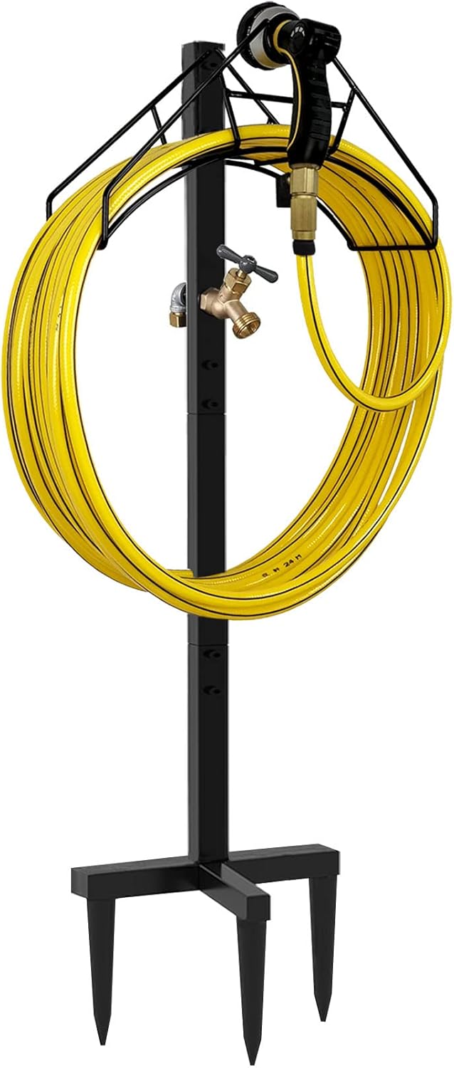 Artigarden Freestanding Garden Hose Holder Hanger, Outdoor Heavy Duty Metal Water Hose Storage Holders Stand Organizer Rack Detachable Stake, Holds 150 Ft of Hoses for Outside Lawn Yard, Black