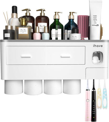 iHave Toothbrush Holders for Bathrooms, 2 Cups Toothbrush Holder Wall Mounted with Toothpaste Dispenser - Large Capacity Tray, Cosmetic Drawer - Tooth Brushing Holder & Bathroom Accessories