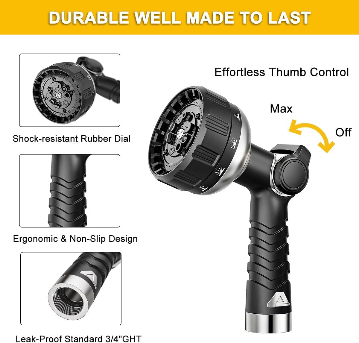 FANHAO Heavy Duty Garden Hose Nozzle, Metal Water Hose Sprayer with 10 Spray Patterns, Thumb Control, On Off Valve, High Pressure Water Nozzle for Plants Watering, Car and Pet Washing, Blue