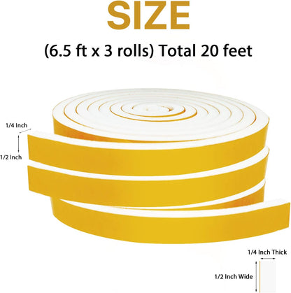 Door Weather Stripping-3 Rolls, 1/2 Inch Wide X 1/2 Inch Thick Total 20 Feet Long, Adhesive Foam Seal Tape for Window Insulation(6.5ft x 3 Rolls)