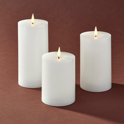 LampLust Realistic Flameless Pillar Candles with Remote, Set of 3, Batteries Included, Real White Wax, 3D Flickering LED Flame, 3 Inch Pillar Candles, Spring Decor, Centerpieces for Tables
