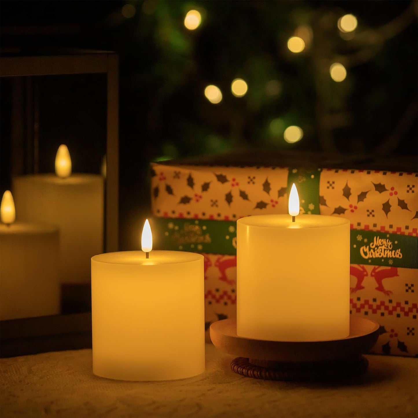 volnyus Flameless Candles Set of 3 (3x3 inch) Flickering LED Real Wax Candles Battery Operated with Remote Control Timers for Fireplace Bedroom Livingroom Party Dimmable Ivory Pillars Flat top