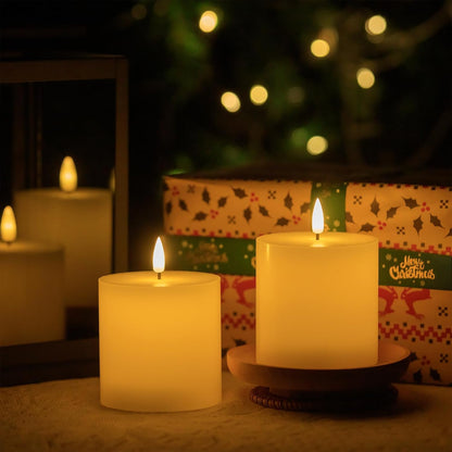 volnyus Flameless Candles Set of 3 (3x3 inch) Flickering LED Real Wax Candles Battery Operated with Remote Control Timers for Fireplace Bedroom Livingroom Party Dimmable Ivory Pillars Flat top