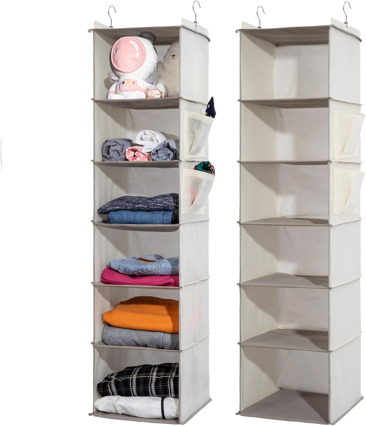 2 Packs Hanging Closet Organizer, 4-Shelf Closet Organizers and Storage with Side Pockets, Collapsible Hanging Shelves for Closet & RV & College Dorm,Beige