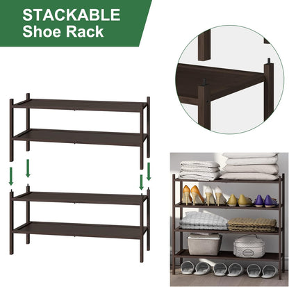 kiplant Small Shoe Rack, 4-Tier Bamboo Wood Shoe Rack for Entryway, Stackable Shoe Organizer for Hallway Closet, Free Standing Shoe Racks for Indoor & Outdoor