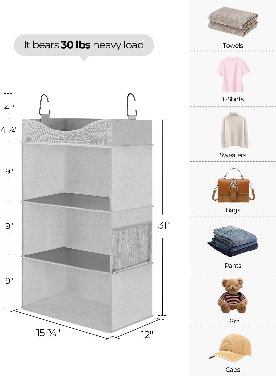 StorageWorks Hanging Closet Organizer, 3-Shelf Hanging Closet Shelves with Top Shelf, 15 ¾"W x 12" D x 31" H, Extra-Large Space, Ivory White